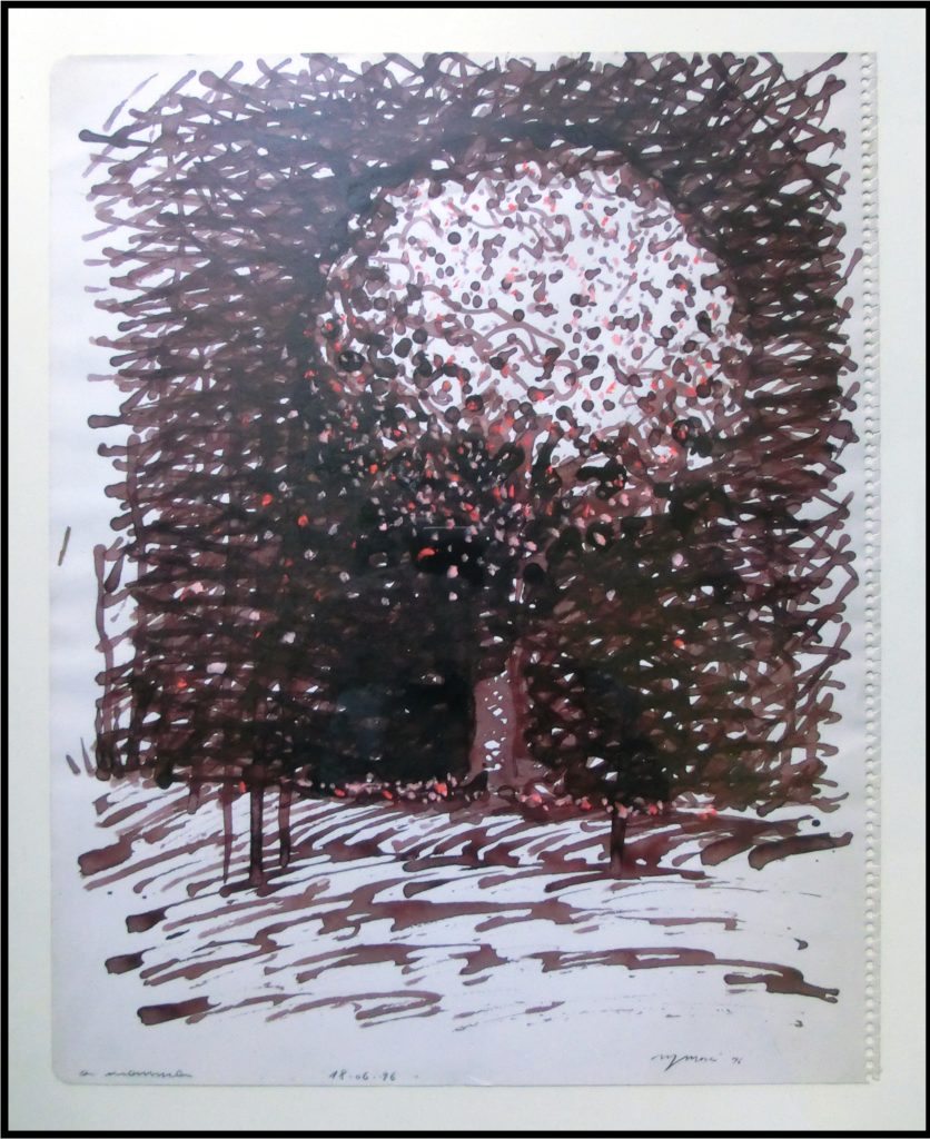 Marco Valerio Masci, Albero, 1996, 34x27 cm Tecnica: roller “deodorante” con inchiostro di china seppia su carta Note: penna a sfera gigante realizzata con deodorante roller  riempito di inchiostro per rapidograph 